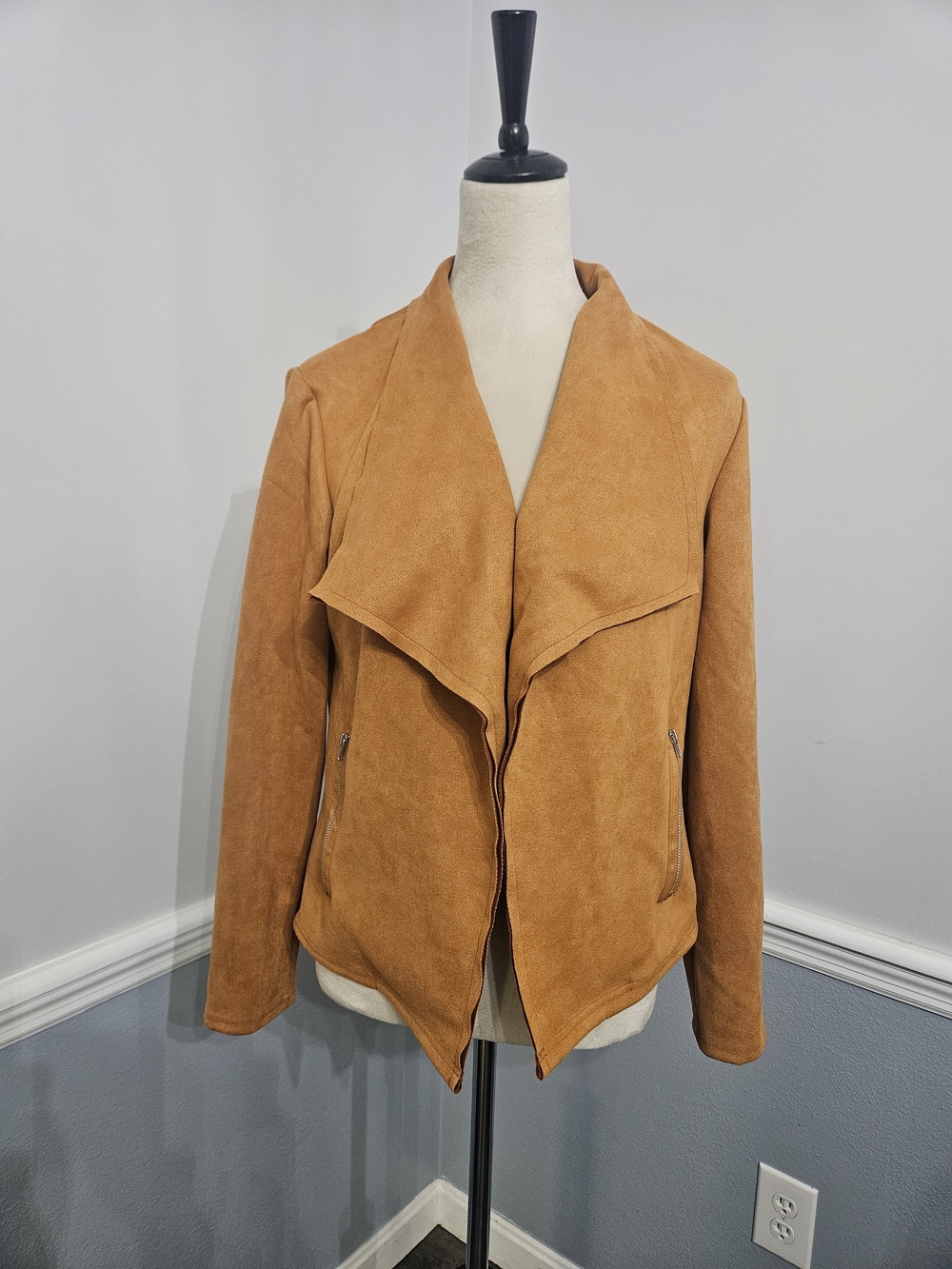 PrettyGarden Women's Open-Front Faux Suede Jacket in Camel Size M